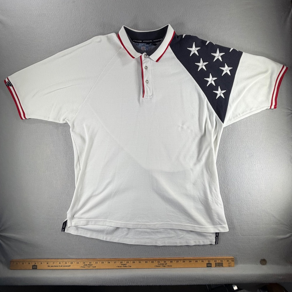 Vintage Y2K American Flag‎ Polo Shirt Unisex 2XL White Patriot Stars USA Freedom